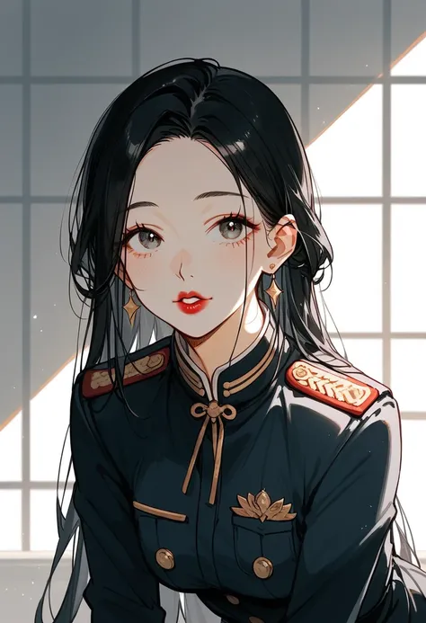 female、Cool adult beauty、Greenish black hair、Straight Hair、Center-parted bangs、Beautiful long and narrow hanging eyes、Long face、lipstick、uniform、