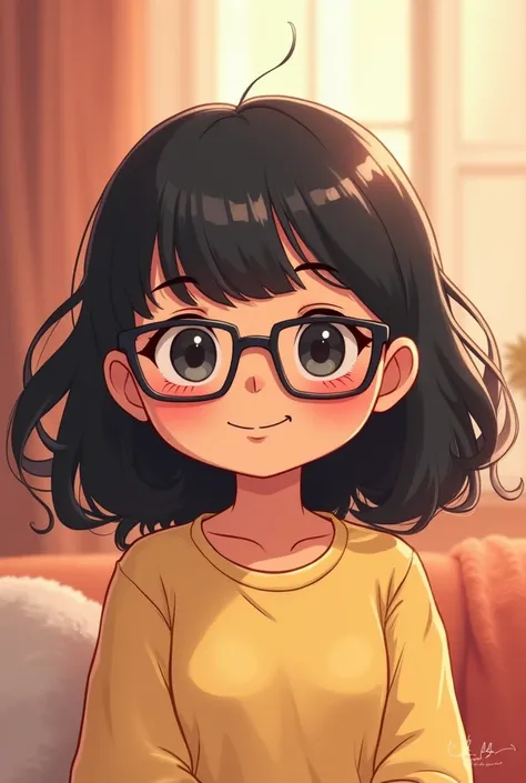 Create image of a cute . medium hair/ short, wavy, black hair, may have bangs or not, rectangular half-rounded glasses and dark skin / curtain. 
CUTE  If possible around 