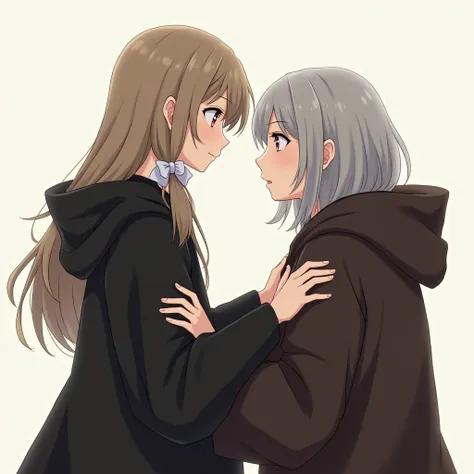 masterpiece anime. A girl, black hooded robe with hood down, black dress, khaki hair, long low twintails hair with white ribbons. One old women, Gray Hair, dark brown  hooded robe, hands on girl. Two people facing each other, frorm side, eye to eye, upperb...