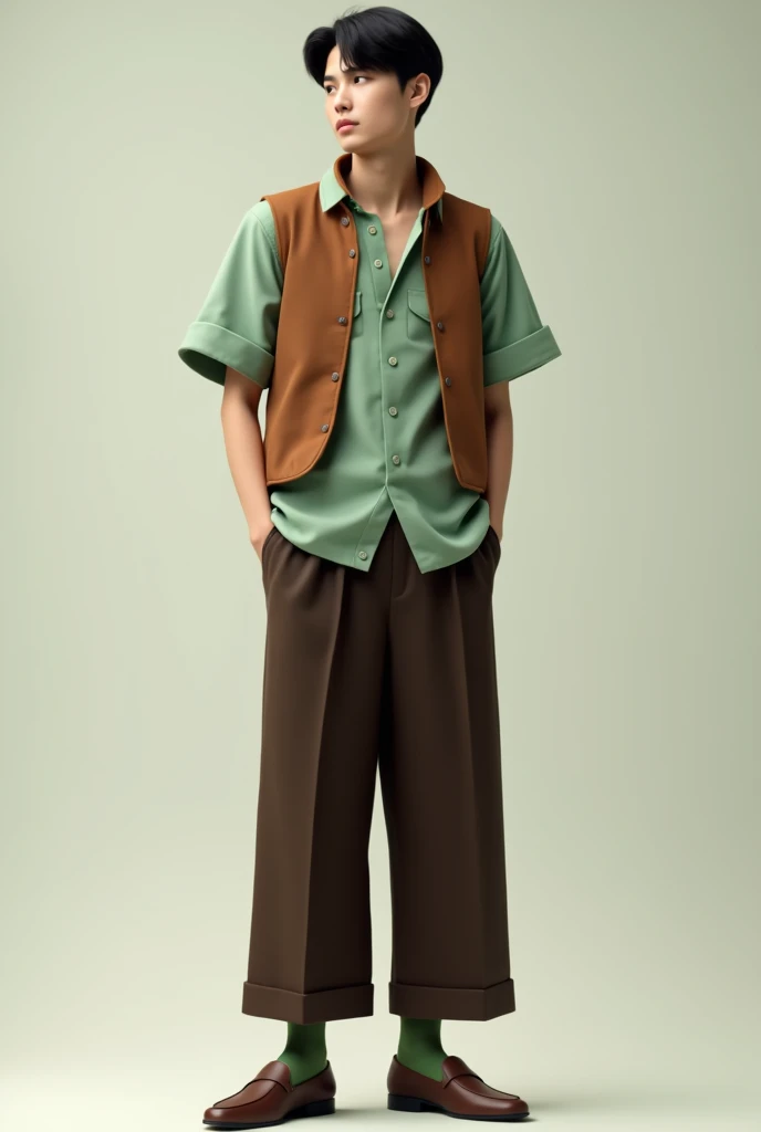 Male, Vietnam, Short black hair with middle part, mint green puffy sleeve plain shirt, brown gilet short sleeve sweater, dark brown wide leg pants that reach to the shoes, green socks, loafers