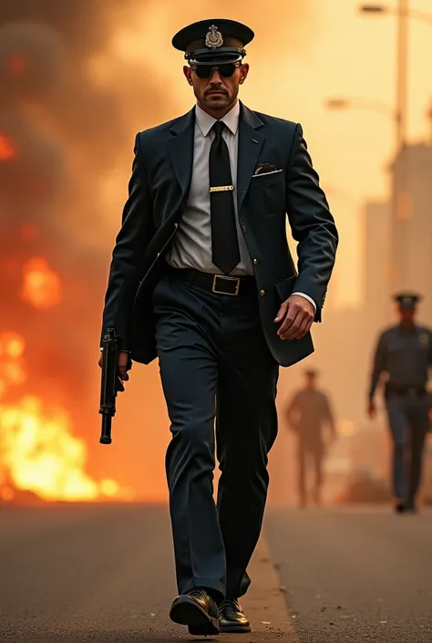 a stylish man in a police dress and write bolt "JAWAD" in the center of the dress and walk on the road and gun present in hand and fire in background with security guards 