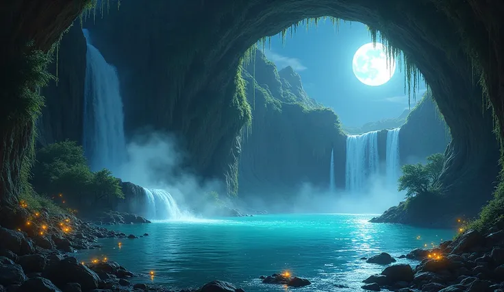 Create a detailed night scene of a majestic waterfall cascading into a tranquil turquoise pool inside a large, mystical cave. The waterfall flows from the cave ceiling, surrounded by rugged cave walls adorned with glowing moss and stalactites. Soft moonlig...