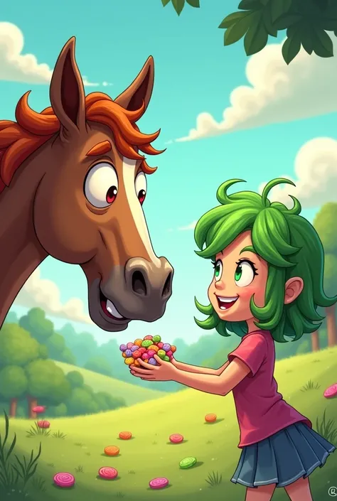 A Girl with green hair giving candies to a horse. The horse has no green hair. The horse looks insane and goofy. Cartoon style 