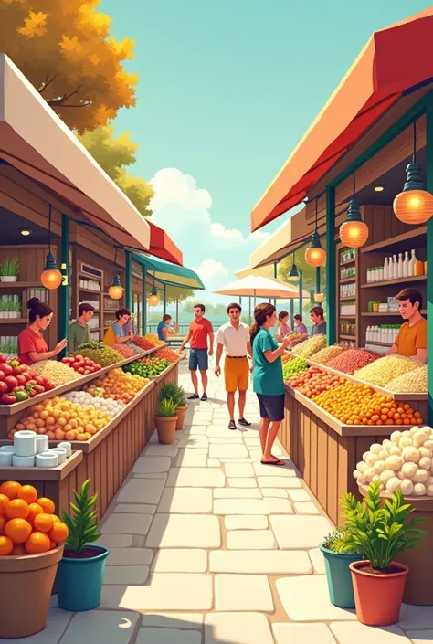 Make an illustration of various types of staple foods in various simple, clean shop stalls..
Use attractive background colors with colorful colors that give a bright and modern effect.