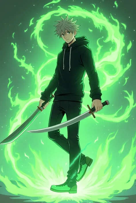 Full body shot of a 1 guy with short hair, wearing a black hoodie , black lower and black shoes holding blades and a green power around him in anime style