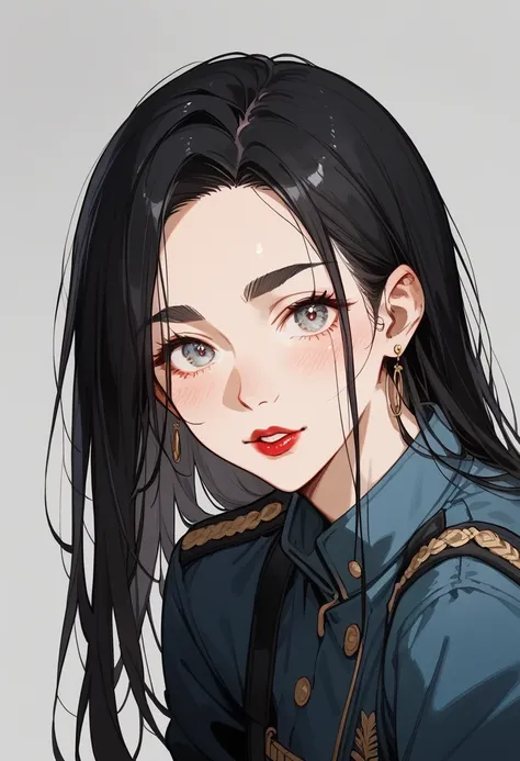 female、Cool adult beauty、Greenish black hair、Straight Hair、Center-parted bangs、Long, hanging eye、Sharp Eye、Sharp eyebrows、Long face、lipstick、uniform