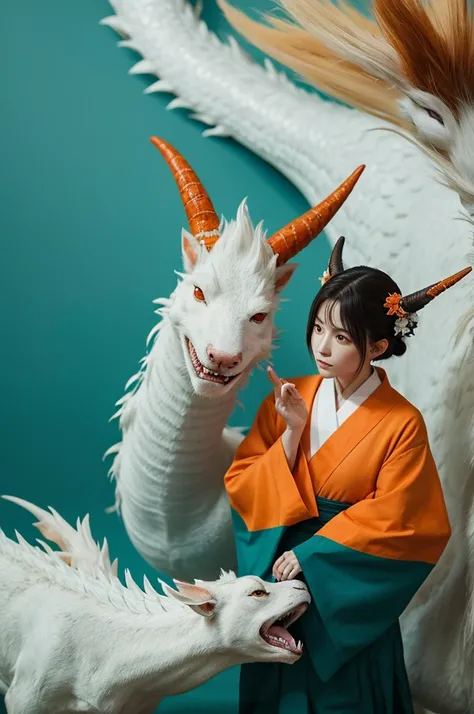 Teal & Orange, Realistic Photo of Sen and Nigihayami Kohaku Nushi that white thin dragon with two horns of Spirited Away, no animation