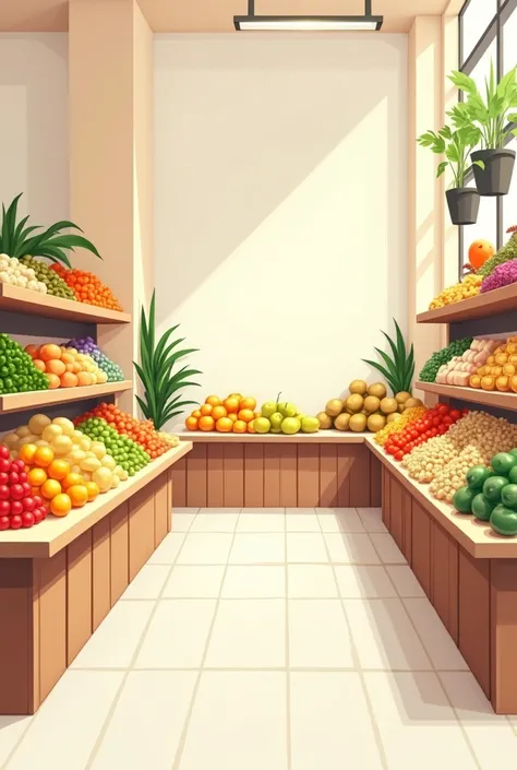 Make an illustration of various types of staple foods in various stalls in a simple, clean room without any pictures of people..
Use attractive background colors with colorful colors that give a bright and modern effect.