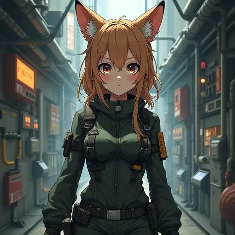 Girl, anime style, small breast, fox ears, taktikal uniform, detailed background, 