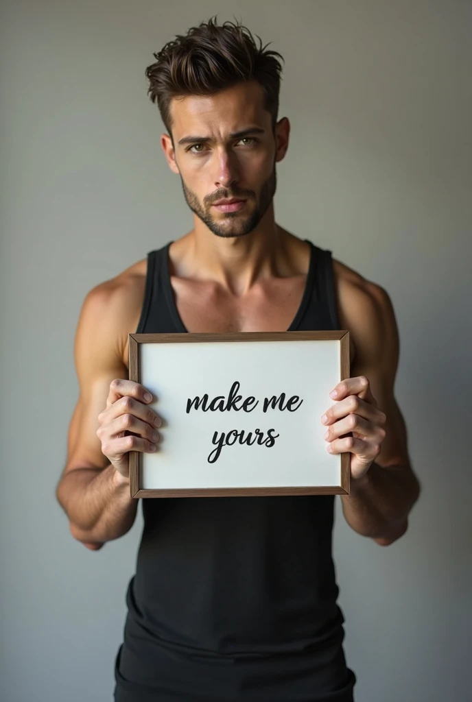 Handsome man with short wavy hair, sexy dress, holding a whiteboard with the text "Make me yours" and showing it to the viewer