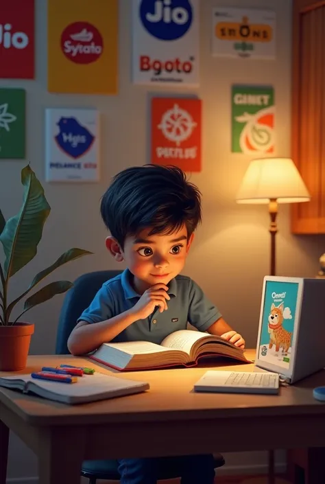 Create an image of a young boy, around , sitting at a desk in his room. The room is filled with posters and logos of famous Indian brands like Reliance Jio, Zomato, BYJU’S, Patanjali, and Myntra. The boy is engrossed in reading a book titled ‘Marketing Str...