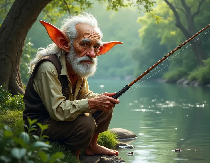 a man fishing, with white hair, and giant ears