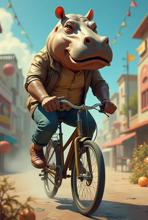 make a hippo-headed human riding a bicycle