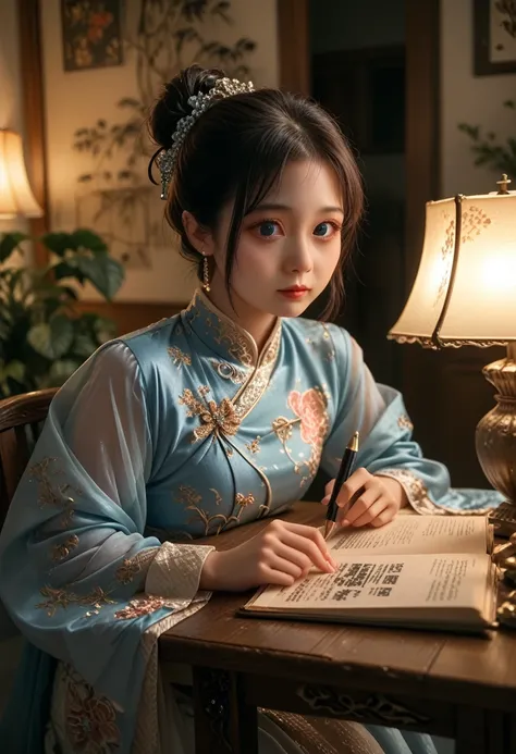 A photo of a beautiful girl in a traditional Chinese dress looking at ancient chinese book under lamp on a low table in garden surrounded by old walls in a peaceful night,((her right hold a pen and her left hand place on table)),((masterpiece)),realistic,4...