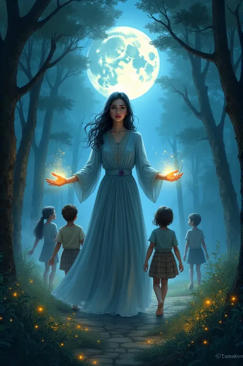 I need a book cover that features a  with dark brown eyes and black hair leading a group of children and lighting up a forest at night. 