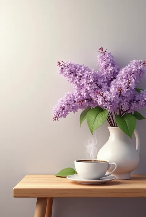 Table with coffee cup and a vase of lilac flowers