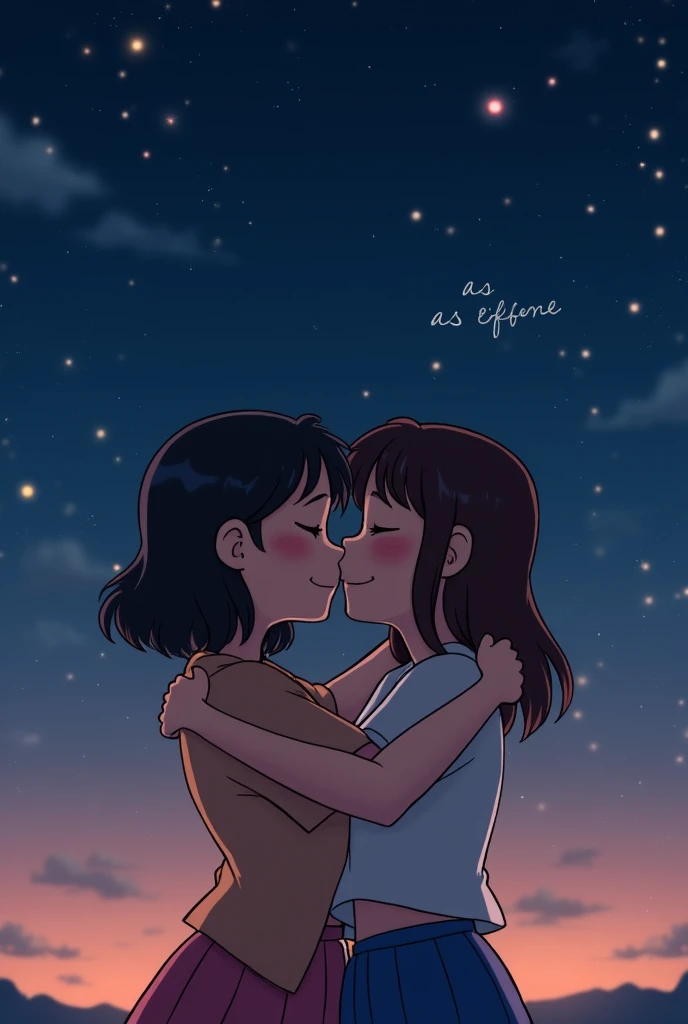 Animated image with two women hugging and a night background with stars that says "as before"
