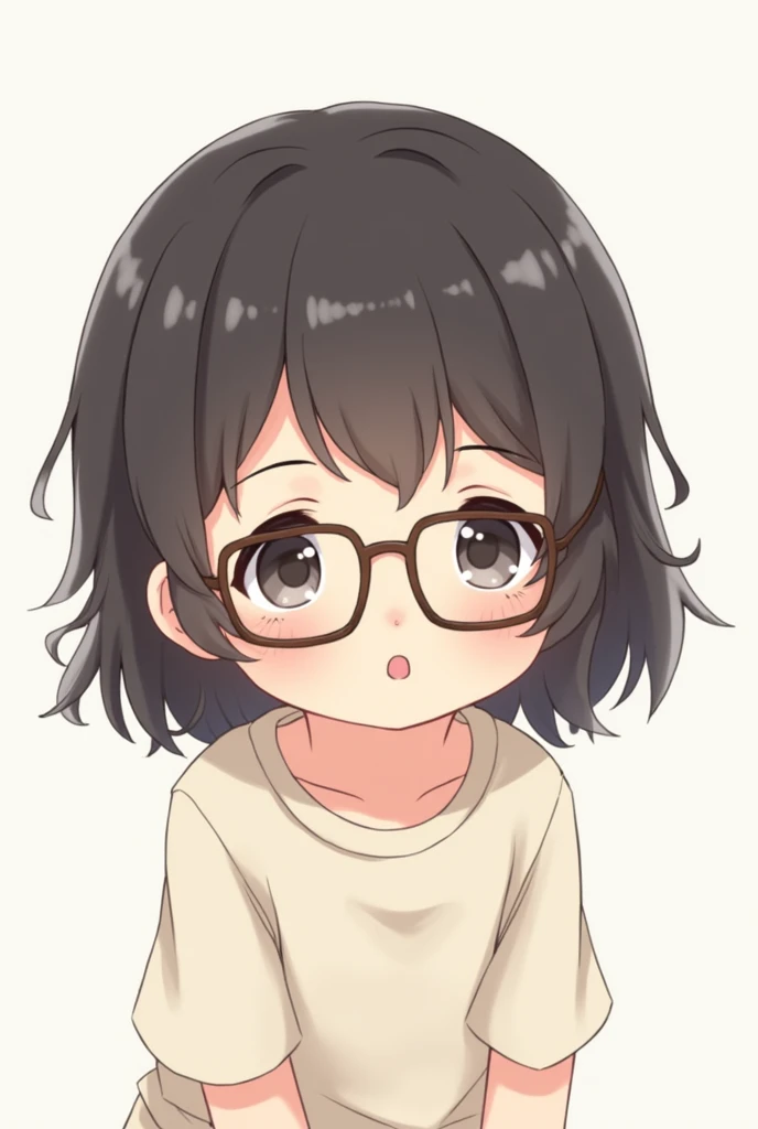 Create image of a cute . medium hair/ short, wavy, black hair, may have bangs or not, rectangular half-rounded glasses and dark skin / light brown.
Cute child About  Medium hair Anime style With body
