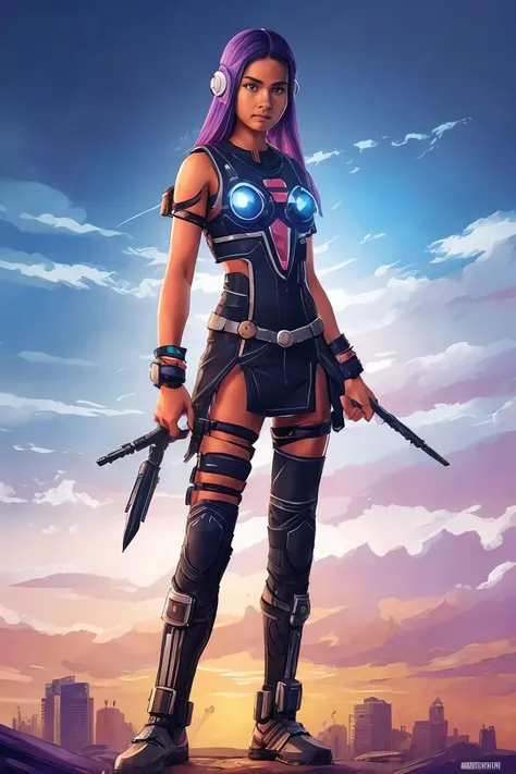 Indigenous teenage female character, cyberpunk appearance, small breasts exposed, stick in hand, character standing, white background, full body, comic style.