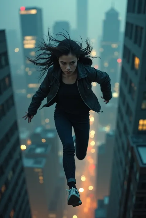 Scene 2: The Rooftop Dream**

**Setting**: Dream sequence on a rooftop at night.

- **Prompt**: Mia is sprinting across the city rooftops. Show her leaping across large gaps between buildings in slow motion, her body moving with feline-like grace and preci...