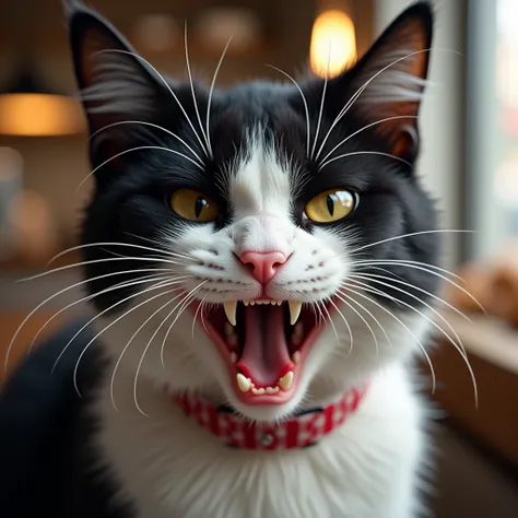 Create a very close-up, highly realistic image of a black Turkish Van cat inside a bakery. The focus should be on the cat’s face, capturing an intense, angry expression. The cat’s mouth should be open, as if mid-speech, showing teeth and a tense jaw, with ...