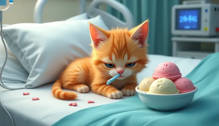 The baby orange cat is lying in a hospital bed, looking weak. It has a thermometer in its mouth, and there are medical machines around. The cat looks sad and regretful, refusing a bowl of ice cream placed on the bedside table