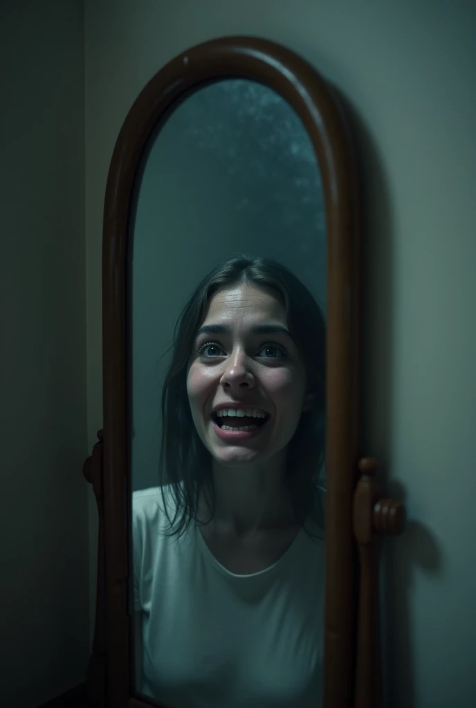 A close-up of the mirror in the quiet room. The reflection shows the trapped person (Ali) inside the mirror, no longer smiling, looking scared and desperate. The reflection seems alive but unable to escape. The atmosphere remains eerie and haunting