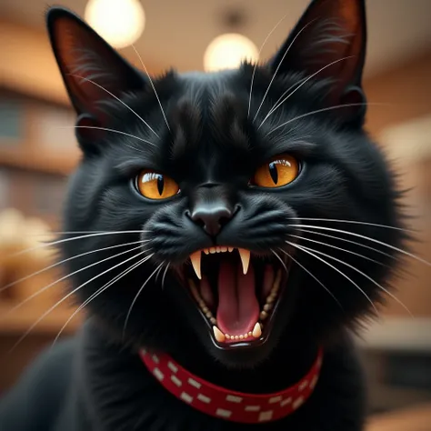 Create a very close-up, highly realistic image of a black Turkish Van cat inside a bakery. The focus should be on the cat’s face, capturing an intense, angry expression. The cat’s mouth should be wild open, as if mid-speech, showing teeth and a tense jaw, ...