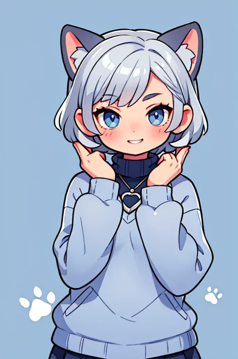 Grey Hair　Short Hair　Dark blue eyes　beautiful girl　Grey sweater　Navy blue cat ears　smile　Paw background