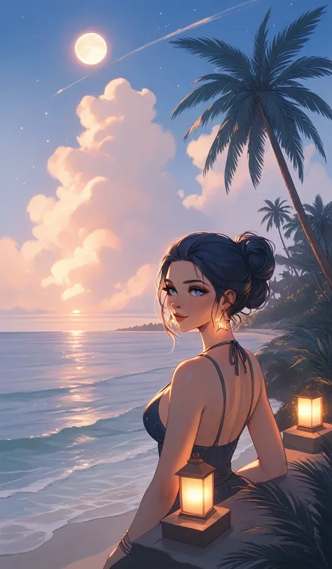 /imagine prompt: A serene summer night by the beach, a gentle breeze sways palm trees under a clear starry sky, the moon reflecting softly on the calm ocean waters, a warm glow from lanterns lighting the sandy shore --v 6 --style raw --ar 16:9