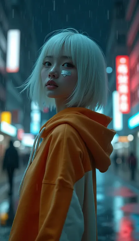 live-action、Real、Beautiful Japanese woman with bob hair、White Hair、Orange and white hoodie、Taped cheek、Looking up at the sky、My breath is white、Night City