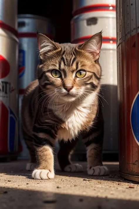 An angry cat, with kittens are growling, pepsi-cola cans, warehouse, property, photorealistic, highly detailed, 8k, realistic, photo-realistic, physically-based rendering, extreme detail description, professional, vivid colors