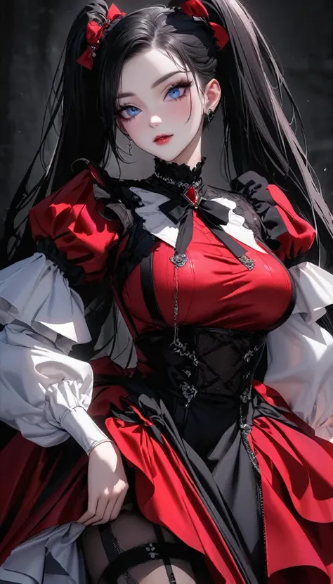 （dark atmosphere，gothic fashion，bright colors），（La mejor calidad，Super exquisite，），A young woman of approximately 20 years old, with big breasts, with deep blue eyes that stand out on his face. her long straight hair, jet black, It is combed in two pigtail...