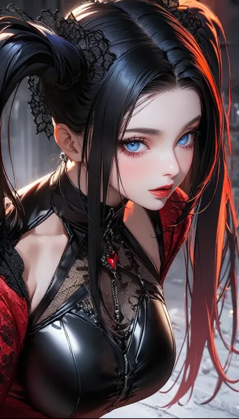 （dark atmosphere，gothic fashion，bright colors），（La mejor calidad，Super exquisite，），A young woman of approximately 20 years old, with big breasts, with deep blue eyes that stand out on his face. her long straight hair, jet black, It is combed in two pigtail...