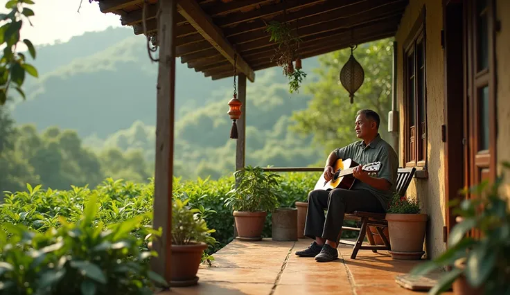 A man playing guitat at the small house in Paksong in laos setting 2024