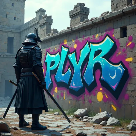 Very colorful Graffiti tag "plyr" next to an black samurai on ald castle ruin, realistic, detailed 