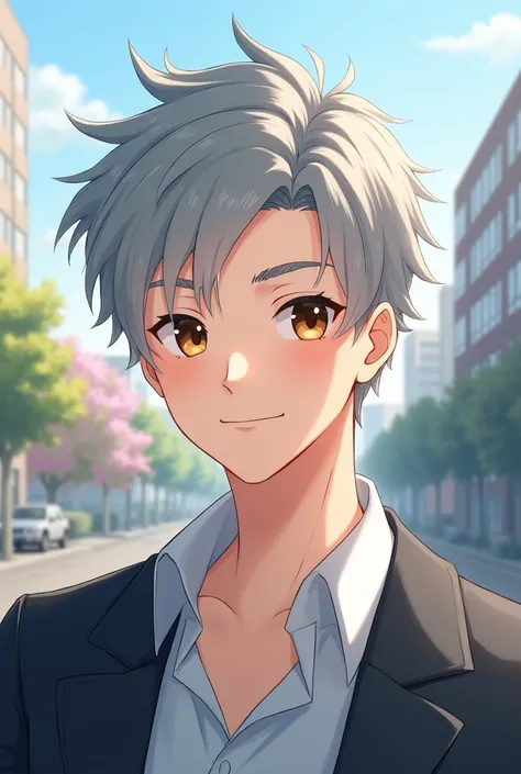 man,teenager,Youth,Gray hair,Brown eyes,Wearing a school uniform,High resolution, Half body,smile, Short hair, Gray hair, My hair is combed to one side., Handsome face,Handsome guy,The background is a city.,ดวงBrown eyes