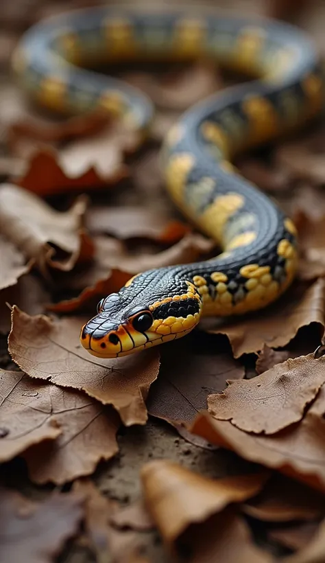 A close-up shot of a Russell’s Viper slithering on dry leaves, emphasizing its patterns and details, with text overlay for the scientific name "Daboia russelii".