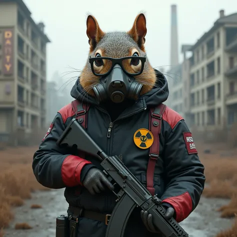 Realistic anatomy, Grey, brown squirrel male, in a gas mask with glasses, stands against the backdrop of the dead, destroyed city of Pripyat, near the sign &quot;Chernobyl Nuclear Power Plant&quot; , dressed in a heavy black with a red chestplate full suit...