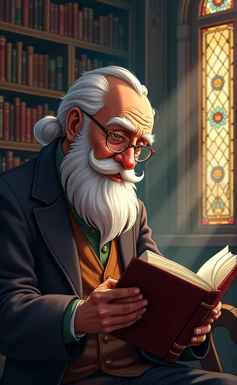 a grandfather reading a book in a library, highly detailed anime style, bibliotheque fantaisiste, 1 old man, beautiful detailed eyes, beautiful detailed face, intricate details, cinematic lighting, dramatic shadows, vibrant colors, fantasy library interior...