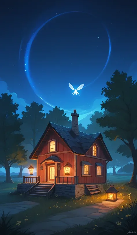 /imagine prompt: A peaceful summer night in the countryside, fireflies glowing gently in the tall grass, a wooden cottage with dim lights glowing from the windows, the soft sound of crickets in the background, and a clear view of the Milky Way above --v 6 ...