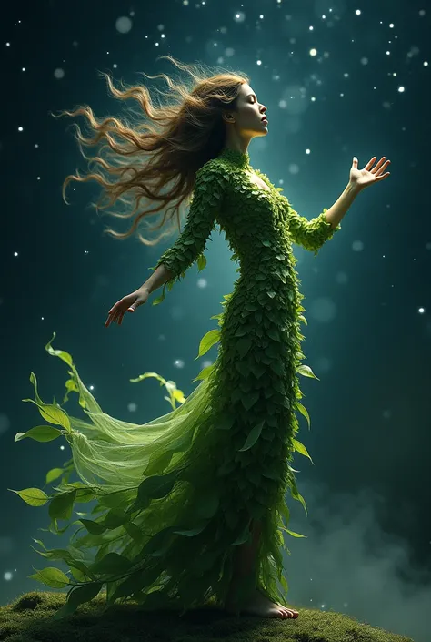 A beauty ful
 women of leaf who is dancing at night and sky was full of stars