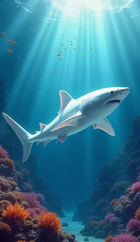 •	“A realistic image of a rare albino shark swimming through the deep blue ocean. The shark’s pale white body glides effortlessly through the water, surrounded by schools of fish, coral reefs, and beams of light filtering from the ocean’s surface.”