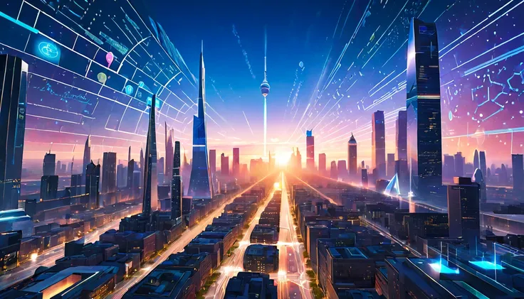 "a futuristic cityscape at dawn, with holographic displays of scientific formulas and discoveries floating above the buildings"