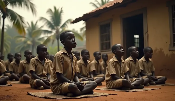 "A scene set in a humble Islamic school in Bombo, Uganda, in the early 1940s. Young boys, including Idi Amin, are seated on the ground in a small classroom, reciting verses from the Quran. The background includes simple wooden structures and palm trees. Th...