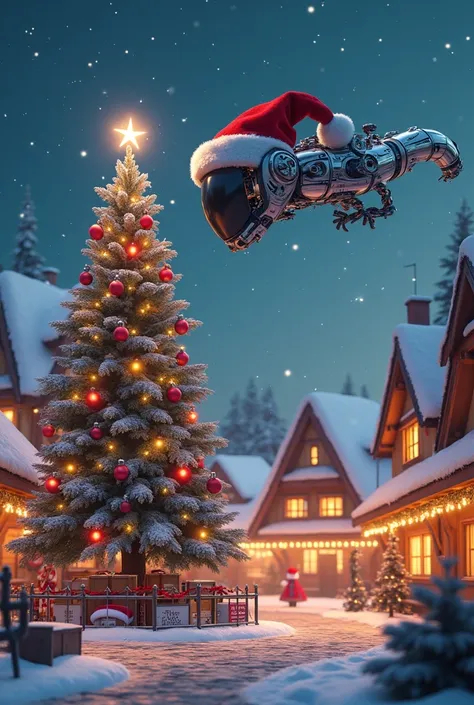 It&#39;s Christmas. Santa Claus is portrayed as an AI bot. He flies over a village. The houses are all lit up and you can see the Christmas decorations everywhere. In the market square there is a giant Christmas tree with small Ki-bots as balls. 