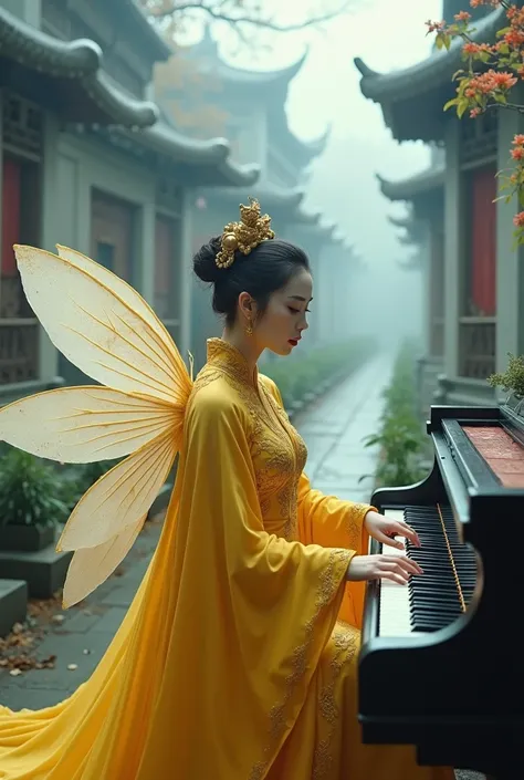 A Chinese woman with sharp eyes and long eyelashes, a sharp nose, and long, bright red lips, wearing a long yellow armor that reaches her feet, with white beetle wings on her back, she is playing an electric piano in a Chinese cemetery