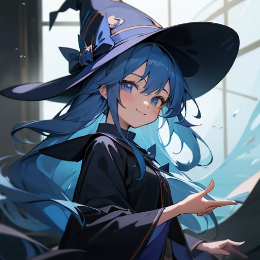 Masterpiece, 魔法Girl, Wizard, witch, 1 Girl, smile, main character, Girl, Junior high school students, Blue Hair, Long Hair, witchの黒い((Pointed hat)), Blue Eyes, Magic School Student, witchローブ, Blue ribbon, cute