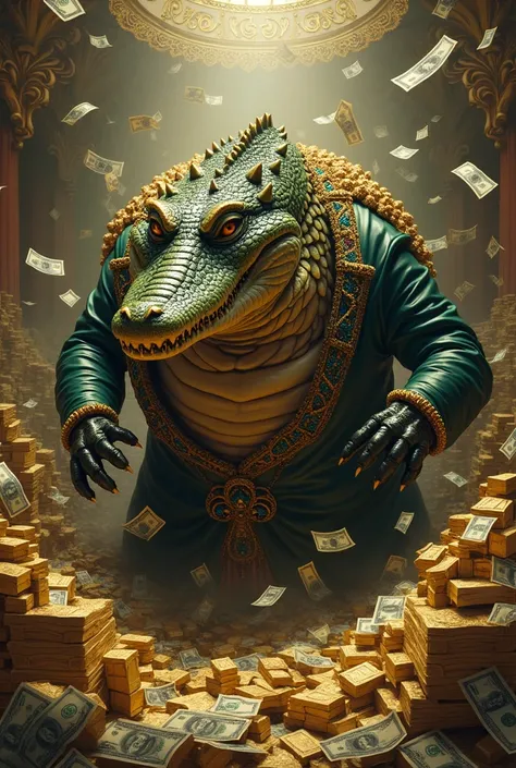 Corrupt official which is super rich and powerful, make the background full of money, but make the corrupt official Crocodile