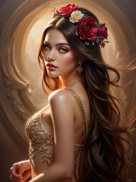 araphed image of a woman with a red flower in her hair, karol bak uhd, Beautiful digital works of art, Exquisite digital illustration, beautiful gorgeous digital art, gorgeous digital art, elegant digital painting, stunning digital illustration, gorgeous d...